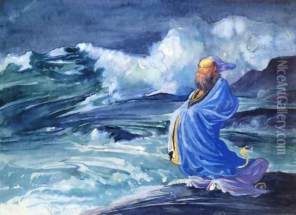 A Rishi calling up a Storm, Japanese folklore Oil Painting - John La Farge