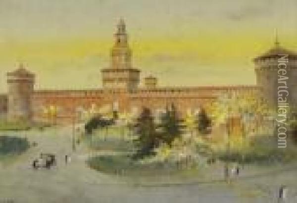 Mailand - Blick Auf Das Castello Sforzesco. Oil Painting - Albert Nikolaivich Benua