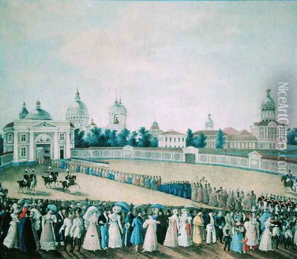 The Visit of Alexander I 1777-1825 to the Alexander Nevsky Monastery, 1821 Oil Painting - Anonymous Artist