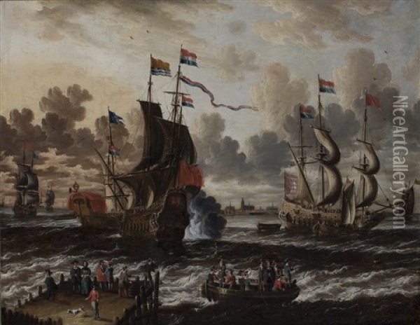 Ships In Front Of The Harbour Of Hoorn: A Meeting Between The Dutch Man-of-war 'de Roode Leeuw