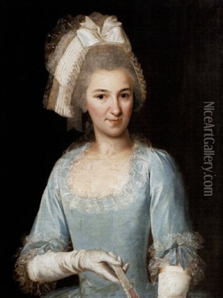 Portrait Of A Lady In A Turquoise, Lace-edged Dress And White Gloves, Holding A Fan Oil Painting - Wybrand Hendriks