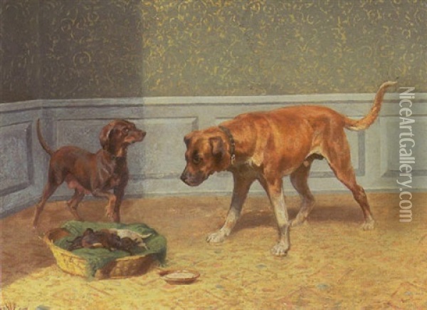 Interior Med To Hunde 'caesar Og Dianna' Med Deres Hvalpe Oil Painting - Adolf Heinrich Mackeprang