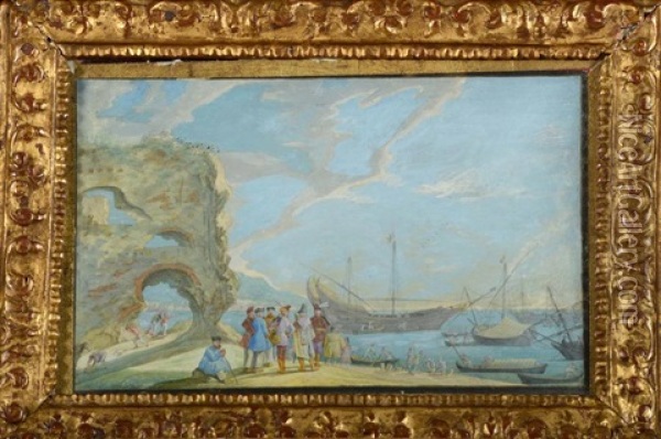 Scene De Plage Avec Des Marchands Et Des Bateaux Ancres Oil Painting - Johann Wilhelm Baur