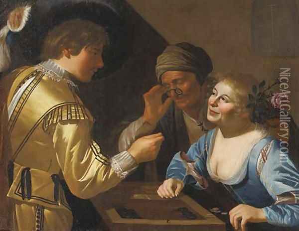 A young gallant and a courtesan playing tric-trac watched by a procuress Oil Painting - Jan Van Bijlert