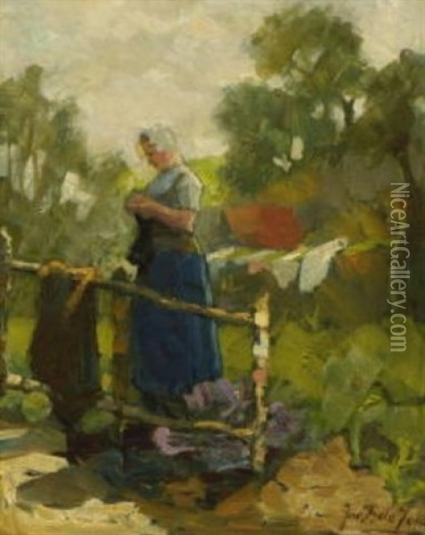Bauerin Im Garten Bei Aufhangen Der Wasche Oil Painting - Jacobus Frederik Sterre De Jong