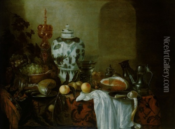 Stilleben Mit Einer Ming-vase, Zwei Pokalen, Zinngeschirr, Einem Gefullten Weinglas Und Anderen Oil Painting - Cornelis Cruys
