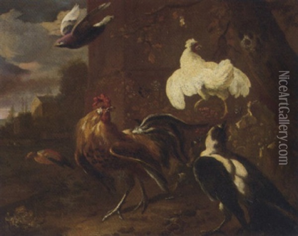 A Cockerel, A Chicken, A Magpie And Other Birds By A Farm Building Oil Painting - Melchior de Hondecoeter