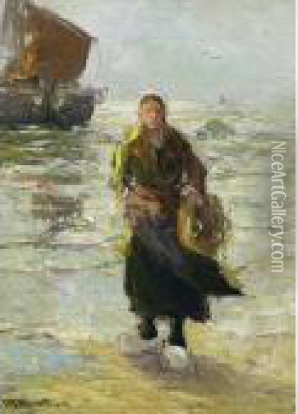 A Fisher Woman On The Beach Oil Painting - Gerhard Arij Ludwig Morgenstje Munthe