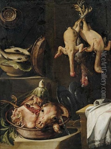 Kuchenstilleben Mit Geflugel, Fischen Und Fleisch Oil Painting - Bartolomeo Arbotori