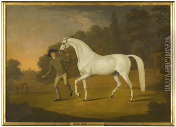 James Hugh Smith-barry's Grey Stallion Being Led By A Groom In The Park At Marbury Oil Painting - Francis Sartorius the Elder