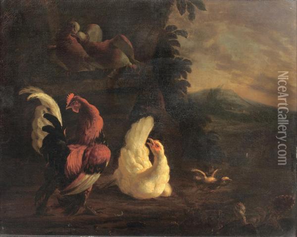 A Cockerel And Chickens In A Landscape Oil Painting - Abraham Bisschop