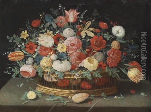 Roses, Tulips, Irises And Other 
Flowers In A Basket, On A Draped Table Strewn With Flowers And Foliage Oil Painting - Jan van Kessel
