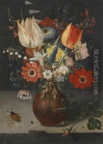 Still Life Of Flowers In An Earthenware Vase On A Ledge Oil Painting - Pieter Binoit