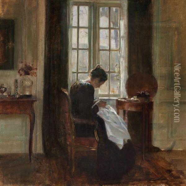 The Artist's Wife Sewing Near The Window Oil Painting - Carl Vilhelm Holsoe