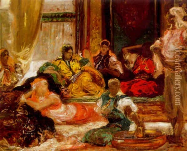 Scene De Harem A Tanger Oil Painting - Jean Joseph Benjamin Constant