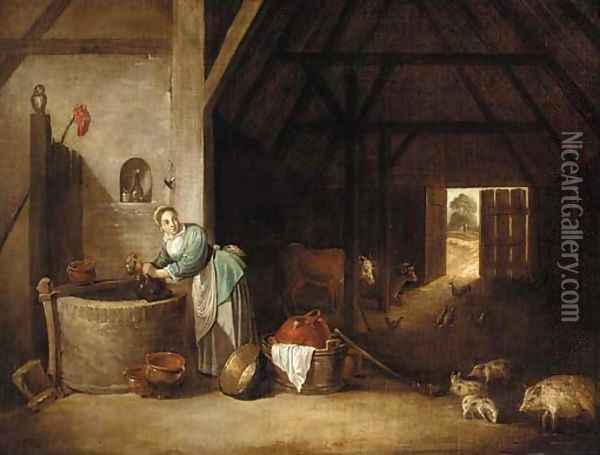 The interior of a barn with a woman at a well Oil Painting - David The Younger Teniers