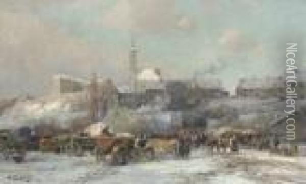 Dachauer Viehmarkt Im
 Winter. Oil Painting - Karl Stuhlmuller