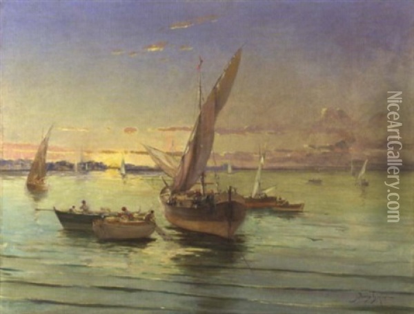 Barques De Peche Au Mouillage Dans Le Golfe De Saint Tropez (?) Oil Painting - David Eugene Girin