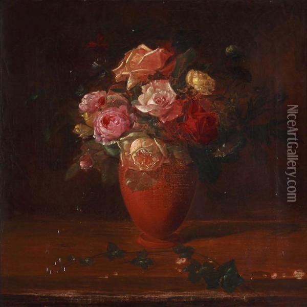 Still Life With Roses In A Vase Oil Painting - Sophus Petersen