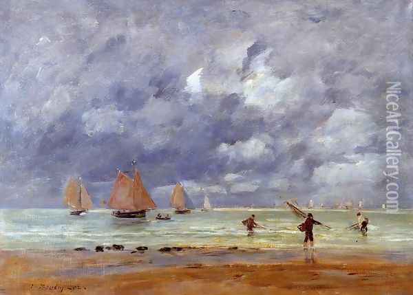 Fishermen and Sailboats near Trouville Oil Painting - Eugene Boudin