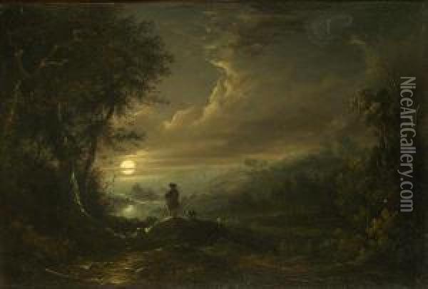 Ra Shepherd And His Flock In A Moonlit Landscape Oil Painting - Abraham Pether