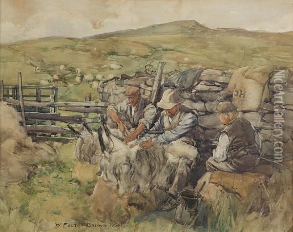 (1873-1905) Sheep Shearing Oil Painting - William Fulton Brown