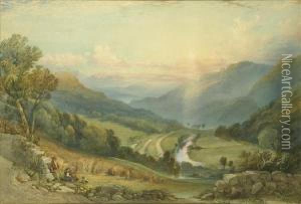 The Canal, River, Rail And Road - Whatstandwell, Derbyshire Oil Painting - William Collingwood Smith