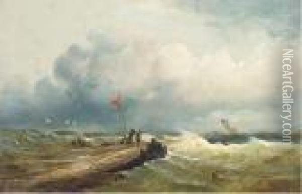 Windswept Figures On A Jetty Looking Out To Sea Oil Painting - John Moore Of Ipswich