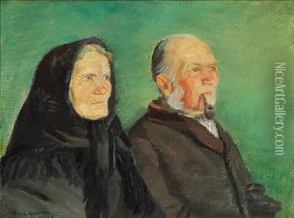 Double Portrait Of A Golden Wedding Couple From Skagen On A Green Background Oil Painting - Anna Kirstine Ancher