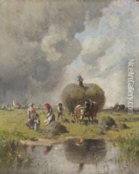Heuernte Bei Aufziehendem
 Gewitter. Oil Painting - Robert Schleich