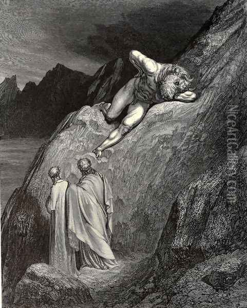 The Inferno, Canto 12, lines 11-14: and there At point of the disparted ridge lay stretch'd The infamy of Crete, detested brood Of the feign'd heifer Oil Painting - Gustave Dore