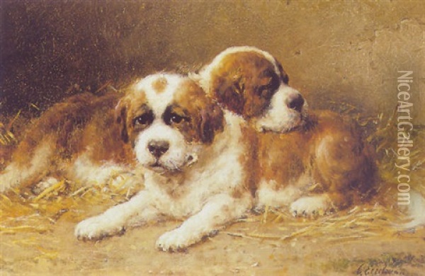 Two St. Bernard Puppies Oil Painting - Otto Eerelman