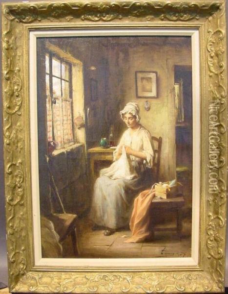 Sewing By An Open Window Oil Painting - Henri Adriene Tanoux