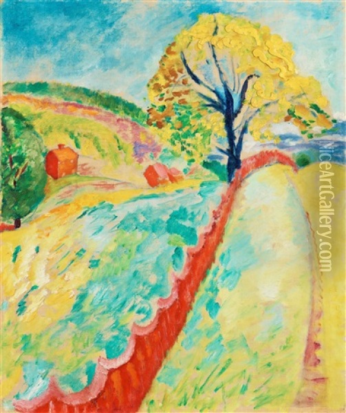 The Red Fence, Granna Oil Painting - Sigrid (Maria) Hjerten
