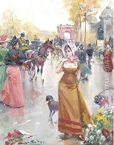 Buying flowers on a bustling Parisian boulevard Oil Painting - Joan Roig Soler