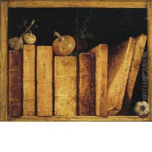 Natura Morta Con Libri, Aglio E Cipolle Oil Painting - Giuseppe Maria Crespi
