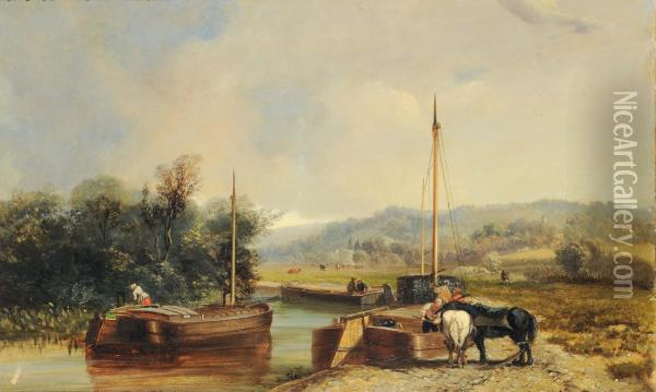 Paesaggio Fluviale Con Imbarcazione E Figure Oil Painting - Antoine-Desire Heroult