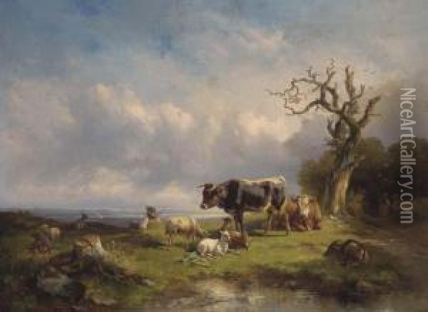 A Herdsman With Cattle And Sheep In A Landscape Oil Painting - Edmund Mahlknecht