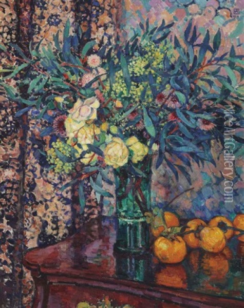 Roses Jaunes, Kakis Et Mimosas Oil Painting - Theo van Rysselberghe