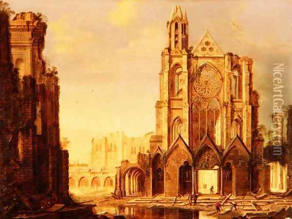 A ruined abbey with workmen Oil Painting - Hendrik Frans de Cort