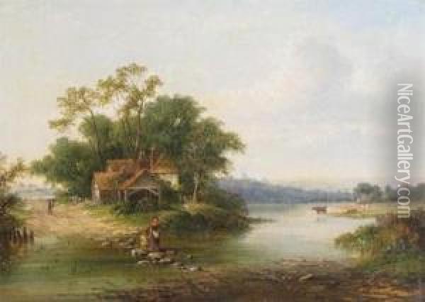 Figures Gathering Wood In A Landscape Oil Painting - Walter Williams