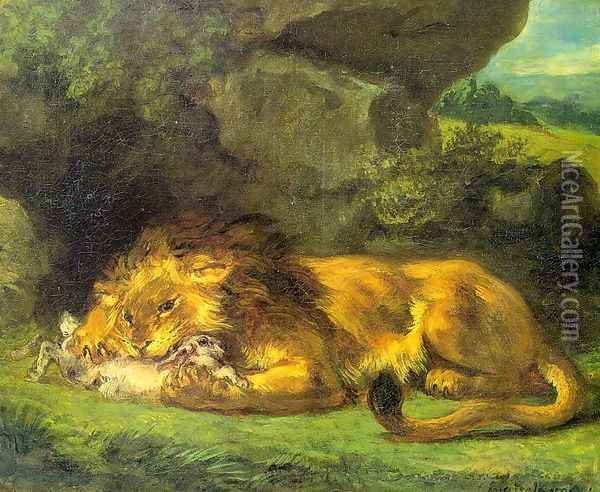 Lion with a Rabbit Oil Painting - Eugene Delacroix