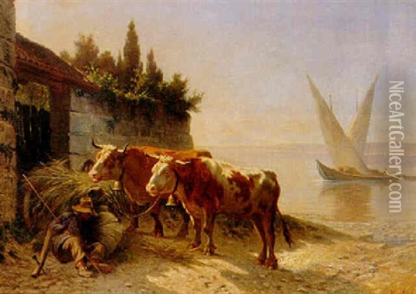 Schlafender Hirte Mit Kuhen Am Genfersee Oil Painting - Charles (Jean-Ch. Ferdinand) Humbert