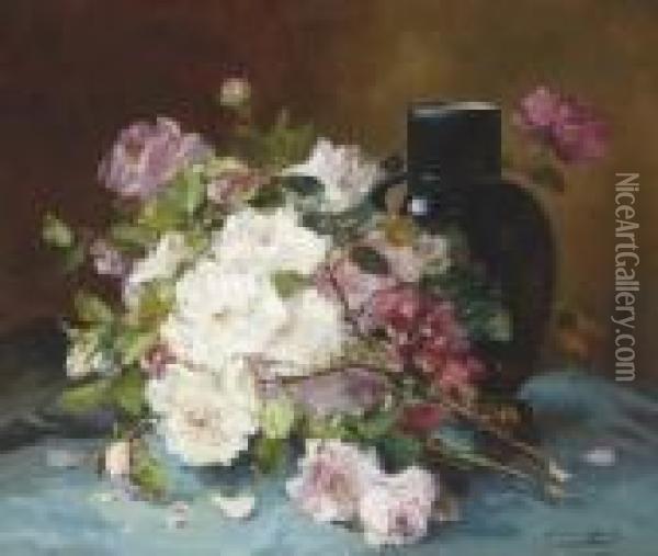Bouquet Of Roses And A Vase On A Draped Table Oil Painting - Eugene Henri Cauchois