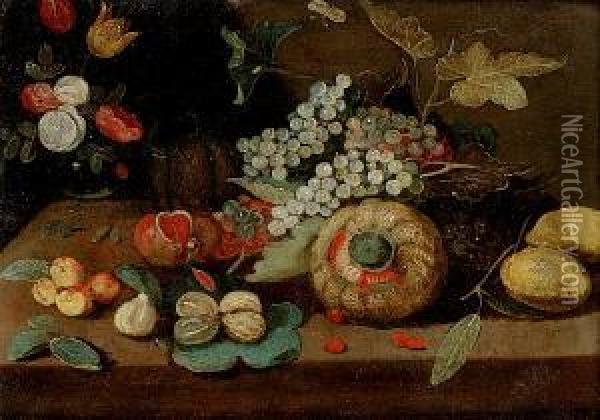 A Melon, Grapes, Oranges, Lemons And A Glass Bowl Of Flowers On A Ledge Oil Painting - Jan van Kessel