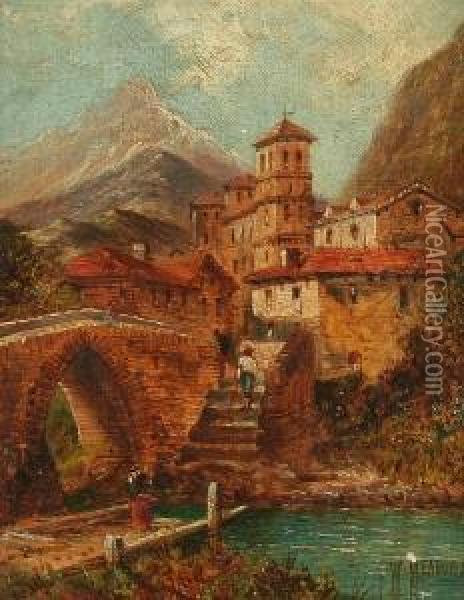An Italian Village With Figures By A River Oil Painting - William Meadows