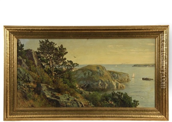 Rocky Coast And Seascape With Sailboats And Steamer Oil Painting - William Trost Richards