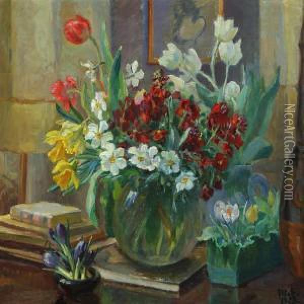 Still Life With Books And Flowers In Vases Oil Painting - Anna Marie Sandholt