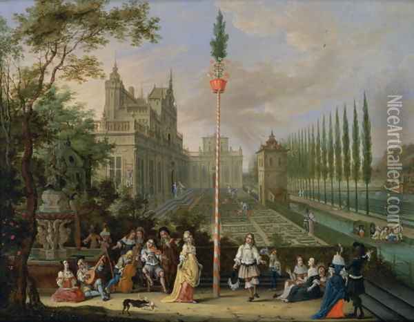 Elegant figures playing musical instruments around a maypole Oil Painting - Pieter Gysels