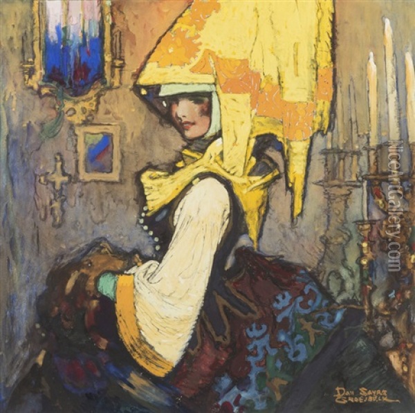 Medieval Woman In Yellow Oil Painting - Daniel Sayre Groesbeck